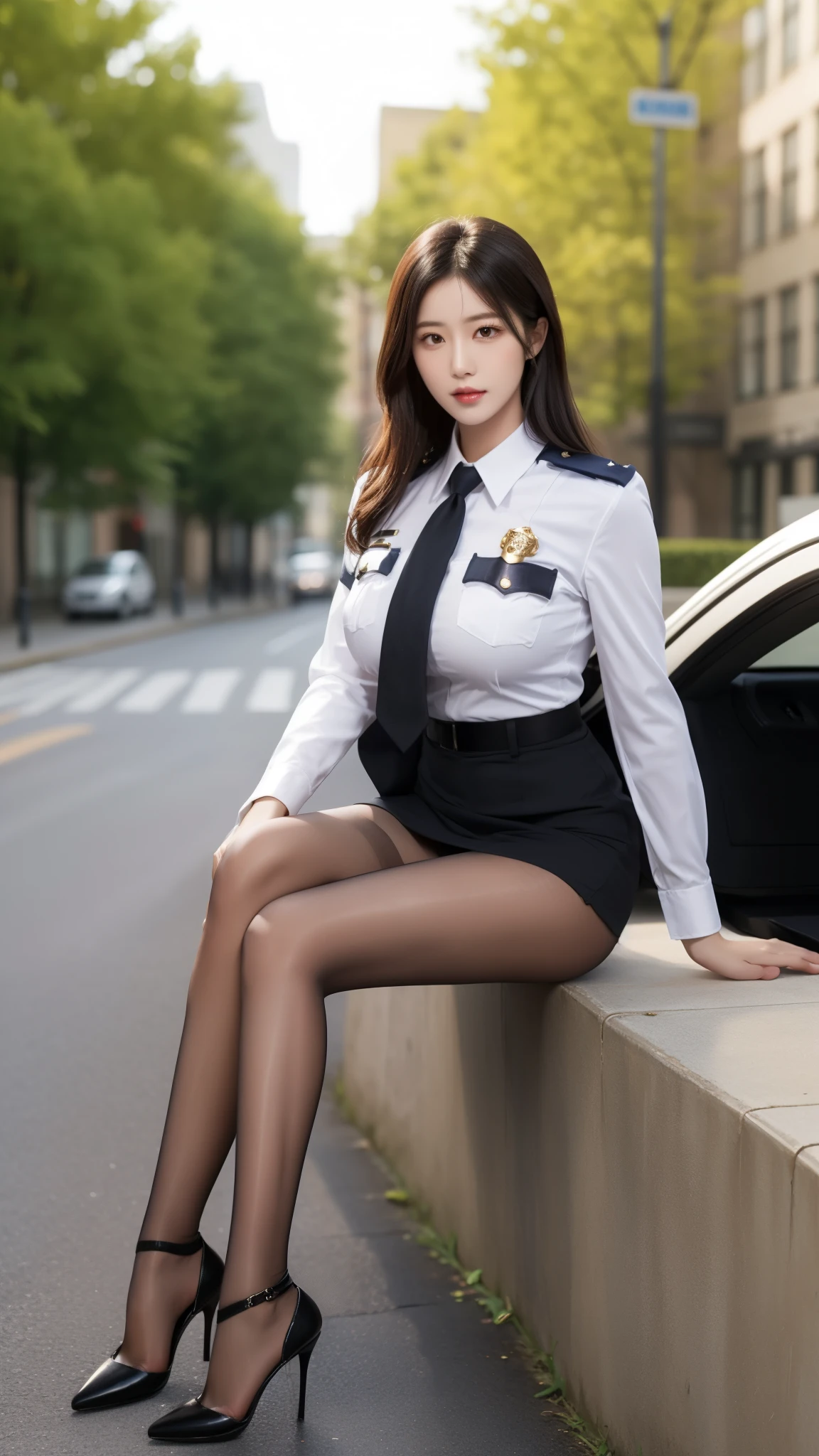 Best quality, full body portrait, delicate face, pretty face,  woman, slim figure, large bust, big breast,OL uniform, office clothes, police black stockings, outdoor scene, sitting position, 1girl, shirt_lift,bag,background,high-end high heels
