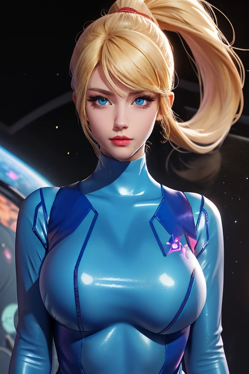 unparalleled masterpiece, perfect artwork, ((perfect female figure)), 1 girl, 20 year old, narrow waist, looking at viewer,  Attractive woman, (sexy face:1.2), pale skin, delicate pattern, intricate detail, BREAK samus, mole, (zero suit:1.2), ponytail, blue eyes, Inside the spaceship, space background, (big breasts:1.3), (shiny skin:0.6), (upper body:1.3), (breast focus:1.3), shiny clothes, Highly detailed facial and skin texture, face perfect, perfect bodies, detailed eyes, (smile:0.7), 
