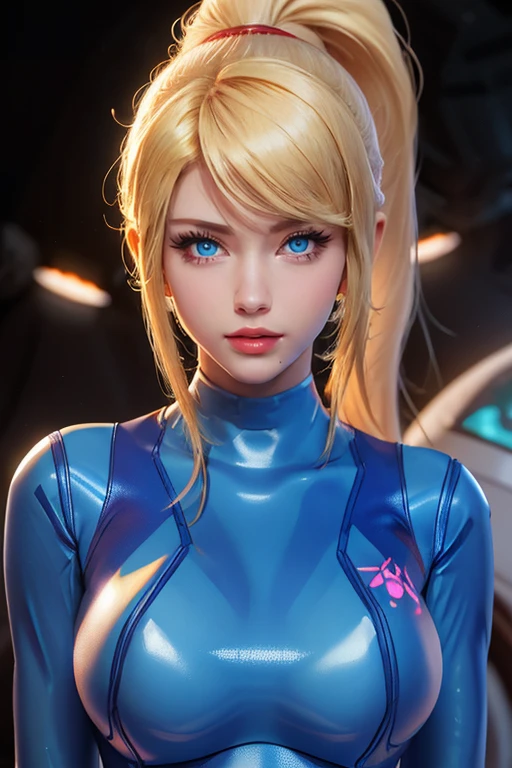 unparalleled masterpiece, perfect artwork, ((perfect female figure)), 1 girl, 20 year old, narrow waist, looking at viewer,  Attractive woman, (sexy face:1.2), pale skin, delicate pattern, intricate detail, BREAK samus, mole, (zero suit:1.2), ponytail, blue eyes, Inside the spaceship, space background, (big breasts:1.3), (shiny skin:0.6), (upper body:1.3), (breast focus:1.3), shiny clothes, Highly detailed facial and skin texture, face perfect, perfect bodies, detailed eyes, (smile:0.7), 
