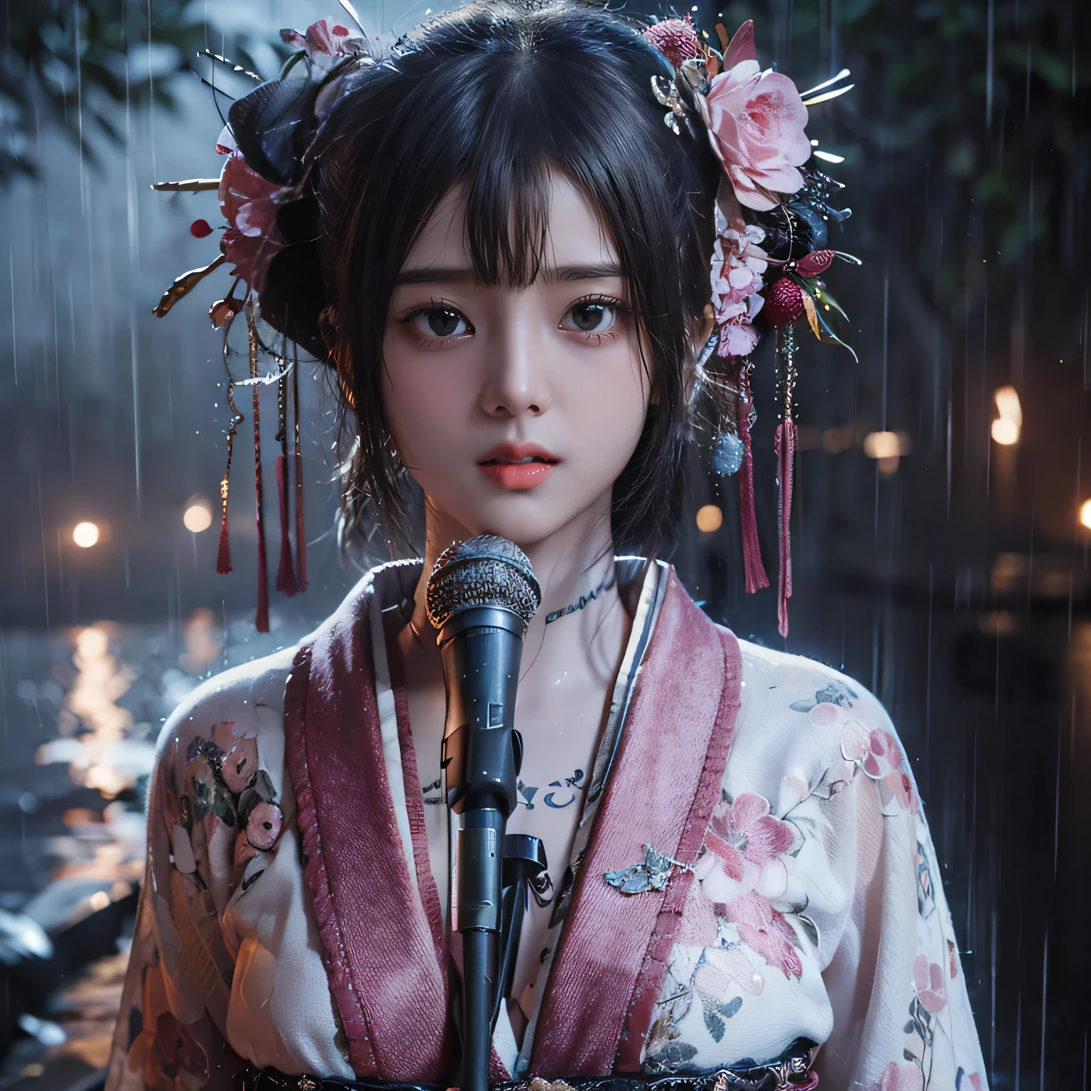 (best quality,ultra-detailed),beautiful detailed eyes,beautiful detailed lips,long eyelashes,girl,fairy,sparkling blue water,ethereal beauty,flowing dress,cascading waterfalls,serene expression,soft and dreamy lighting,water reflections,soft and pastel colors,water droplets on skin,subtle and magical atmosphere,mythical creature,magical powers,floating in midair,graceful movements,enchanted forest background,natural and organic elements,fantasy artwork,unreal and mesmerizing,majestic presence,harmonious and peaceful, tattoo, piercing, earing , singging, microphone