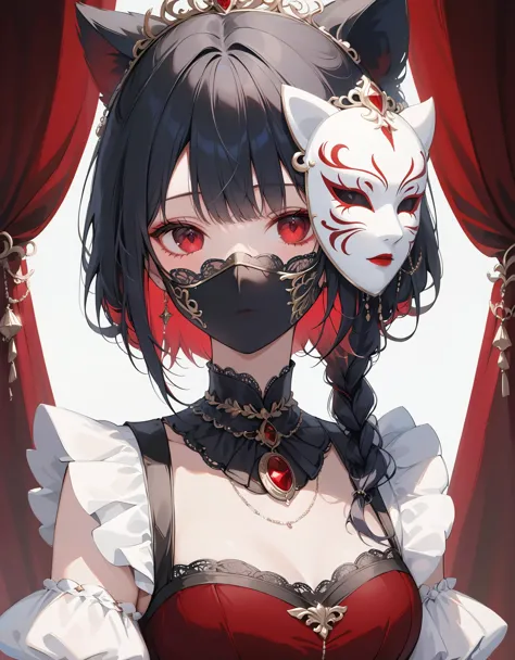 close-up, 1girl, solo, black hair with streaks of white, enigmatic red eyes, intricate theatrical mask, gothic victorian dress w...