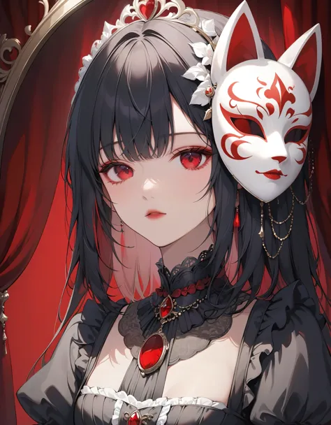 close-up, 1girl, solo, black hair with streaks of white, enigmatic red eyes, intricate theatrical mask, gothic victorian dress w...