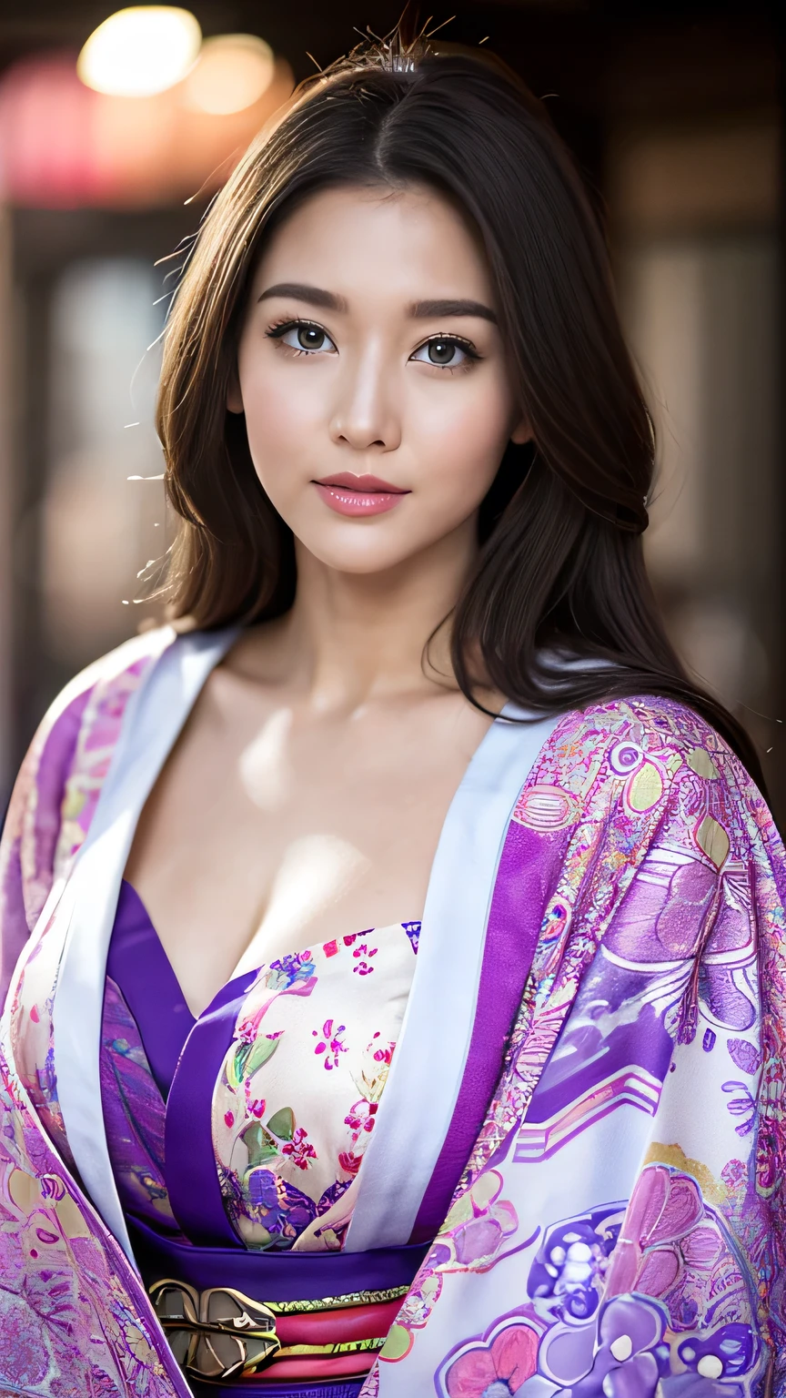 Realistic, Highest quality, 8k, woman, 20-year-old, Sakura pattern kimono, Large Bust, Long Hair, Ultra-detailed skin textures, Soft Lighting, Fairy, Bokeh, purple Lipstick, Sensual Lipstick, Sensational Make up 