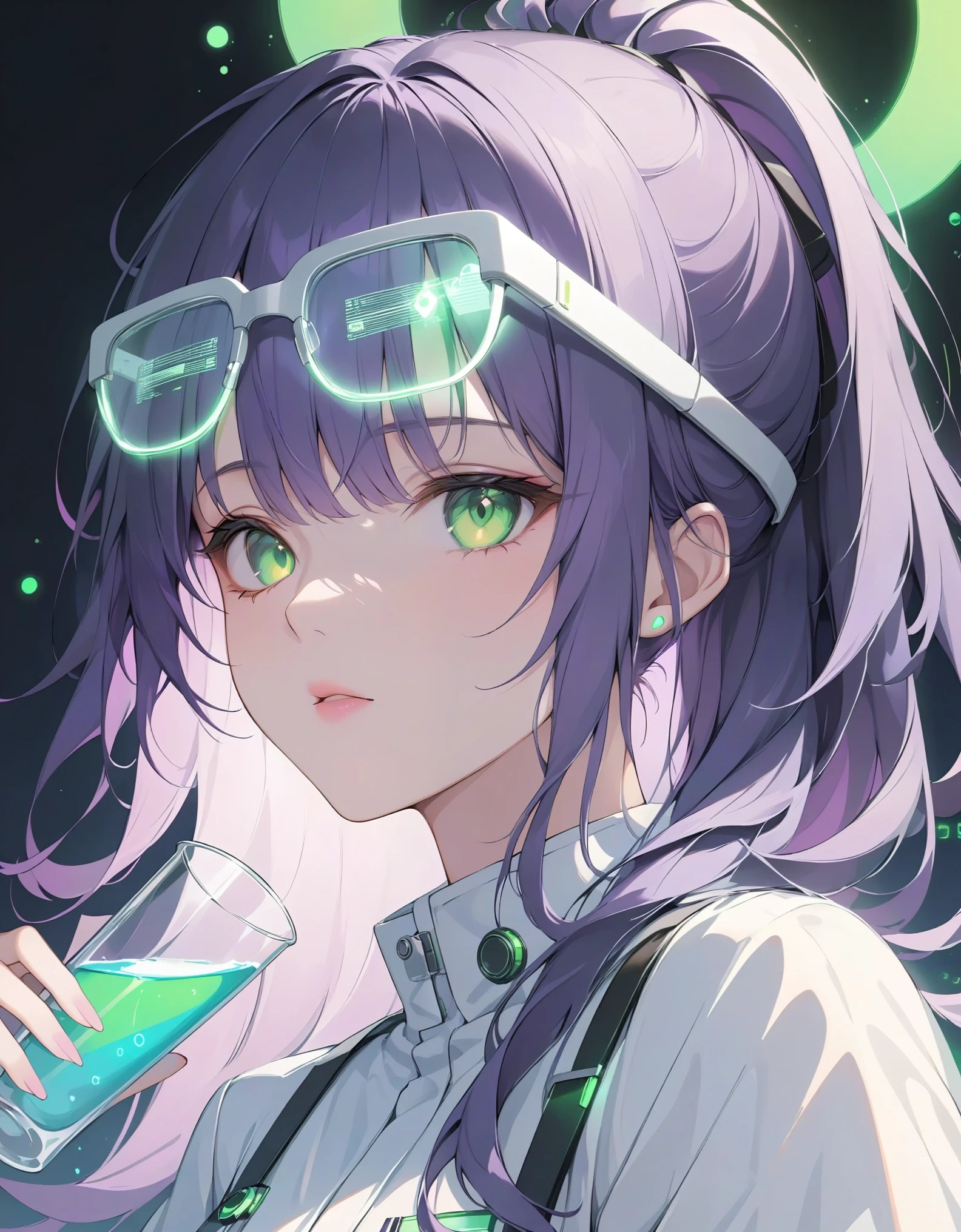 close-up, 1girl, solo, wavy purple hair, high ponytail, bright green eyes, lab coat adorned with glowing symbols, futuristic glasses displaying data streams, laboratory filled with bubbling beakers and strange machines, eerie green light of the Earth projection, masterpiece, best quality, very aesthetic, absurdes. 