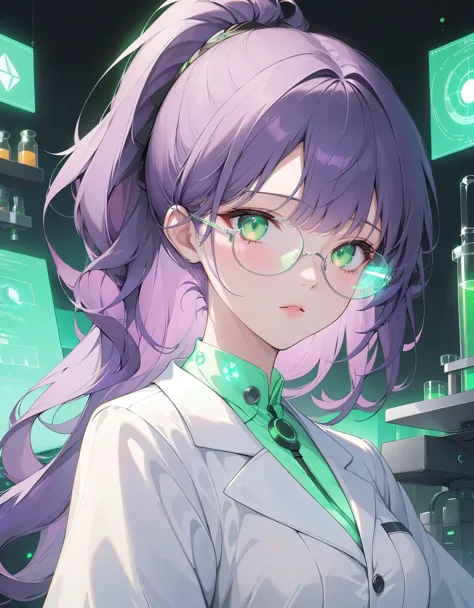 close-up, 1girl, solo, wavy purple hair, high ponytail, bright green eyes, lab coat adorned with glowing symbols, futuristic gla...