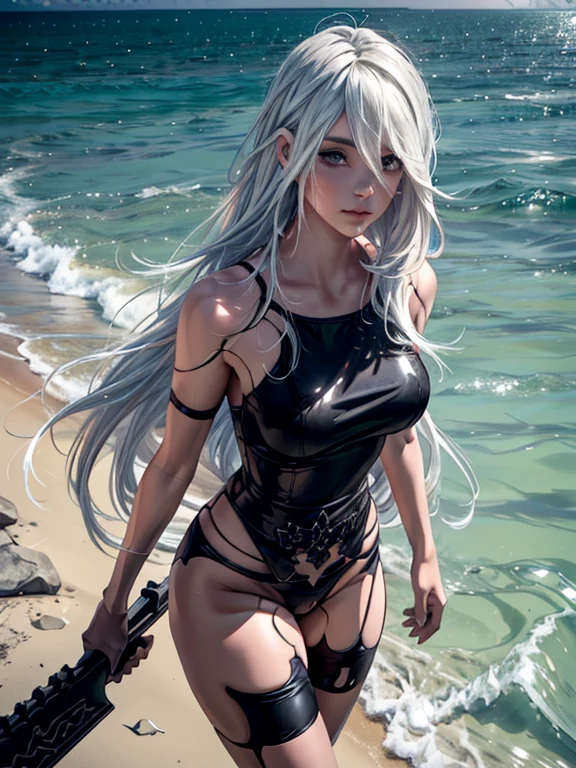 1 girl, A2, Characters from NieR:Automata, YoRHa Type A No. 2, (Cool and beautiful face, extremely detailed eye and face, Shoulder-length straight hair, Nordic White Hair Color, Asymmetrical bangs, Flowing hair between the eyes, Stylish, medium breasts, Wearing is Black swimsuit, Black short pareo, Carrying a large blade sword). Overseas Highway, Florida Keys Tropical Overseas Highway, Highway over the sea, (Clear cyan blue sea, Beautiful sea on the right, Beautiful sea on the left, A straight highway runs through the center, Bright evening, dazzling sunshine), Spectacular Beautiful Landscape, ((masterpiece)), (best quality), extremely detailed, 8k wallpaper, ultra detailed, photorealistic, highly detailed background 