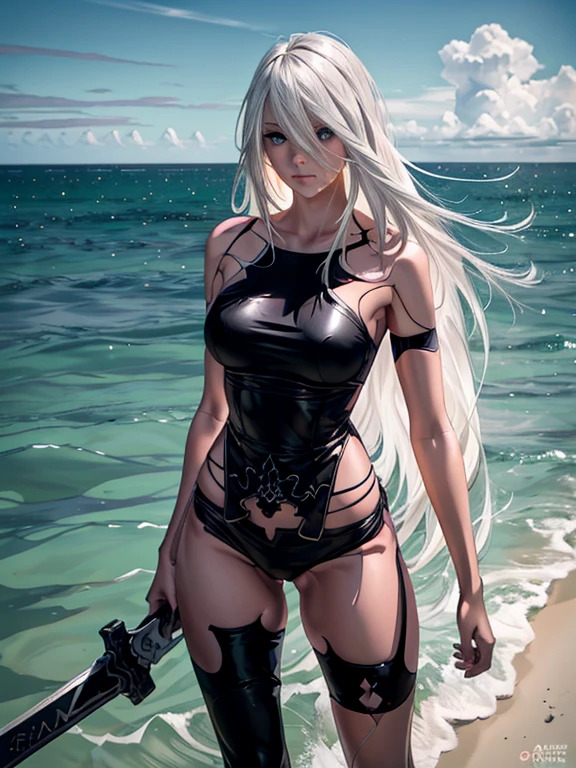 1 girl, A2, Characters from NieR:Automata, YoRHa Type A No. 2, (Cool and beautiful face, extremely detailed eye and face, Shoulder-length straight hair, Nordic White Hair Color, Asymmetrical bangs, Flowing hair between the eyes, Stylish, medium breasts, Wearing is Black swimsuit, Black short pareo, Carrying a large blade sword). Overseas Highway, Florida Keys Tropical Overseas Highway, Highway over the sea, (Clear cyan blue sea, Beautiful sea on the right, Beautiful sea on the left, A straight highway runs through the center, Bright evening, dazzling sunshine), Spectacular Beautiful Landscape, ((masterpiece)), (best quality), extremely detailed, 8k wallpaper, ultra detailed, photorealistic, highly detailed background 