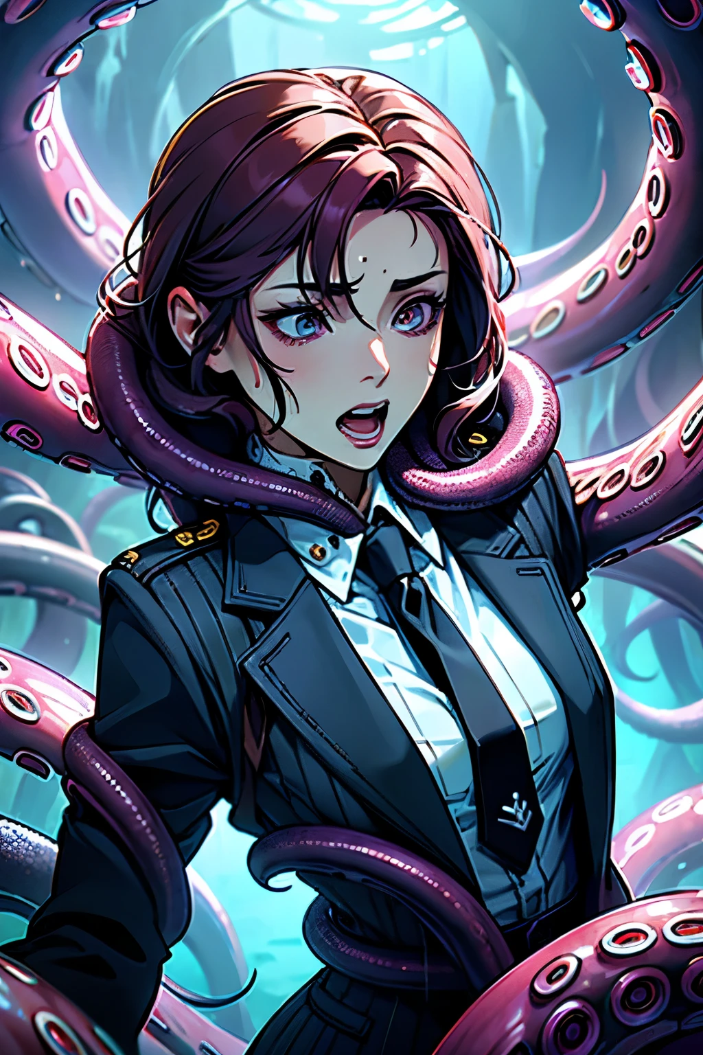 (highest quality:1.2), Many tentacles cover and invade 20-years-old official lady. From front view, illuminated by neon light, a photorealistic cute lady, being sticked her head by tentacles, European face, surprised face, covered  her eyes by tentacles, dark bloody-red lip,Short-cut pink hair,open mouth to scream, upper body portrait above the shoulder, wearing business suits, wearing tie, trying to remove tantacles sticked her head but cannot.