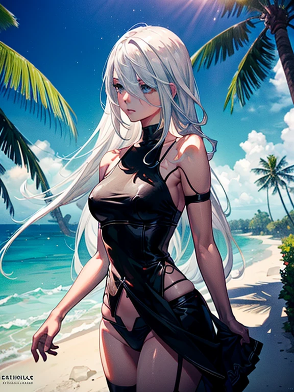 1 girl, A2, Characters from NieR Automata, YoRHa Type A No. 2, (Cool and beautiful face:1.1, extremely detailed eye and face, Shoulder-length straight hair, Nordic White Hair Color:1.1, Asymmetrical bangs, Flowing hair between the eyes, Stylish, medium breasts, Wearing is Black bikini, Short Black pareo:1.3). (maldives beach:1.1, Maldives Beach Resorts:1.3, The Stunning Sea Views and Beautiful Beaches), (Clear cyan blue sea:1.1, blue sky and white clouds, Palm trees, Under the palm trees, Natural sunlight filtering through the trees, Tropical drink, Bright sunshine, dazzling sunshine), Beautiful Landscape, ((masterpiece)), (best quality), extremely detailed, 8k wallpaper, ultra detailed, photorealistic, highly detailed background