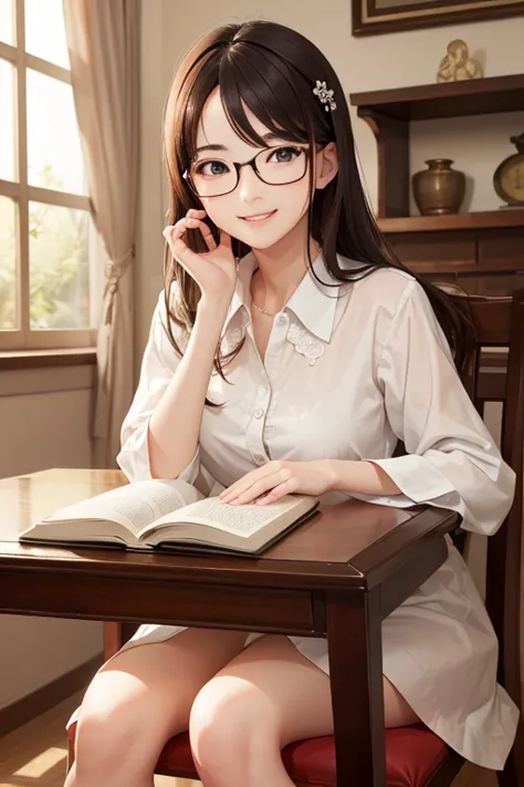 best quality、masterpiece、high sensitivity、high resolution、detailed description、delicate facial depiction、slender women、glasses、s...