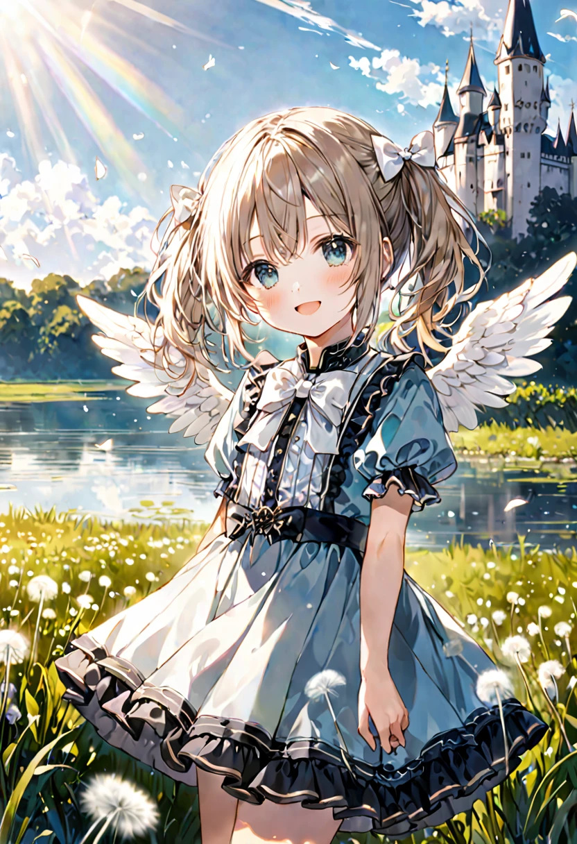 1 child girl,
(light bronze hair, bob hair, twintails, messy hair, white bow),
(dark aqua eyes, tareme),
smile,
open mouth,

looking at viewer,

(light blue Gothic costume),
(white small Angel Wings behind the waist),

cowboy shot, solo,

(depth of field),
noon sky, little cloud, sun light,
a castle by a lake,
dandelion in the foreground,