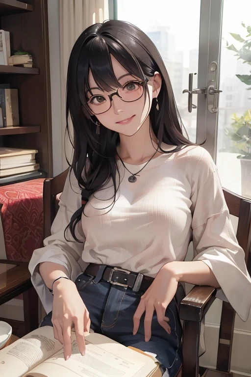 Best Quality、masterpiece、High sensitivity、High resolution、Detailed Description、Delicate facial depiction、Slender women、Glasses、Smiling face、Sitting on a chair、Reading、