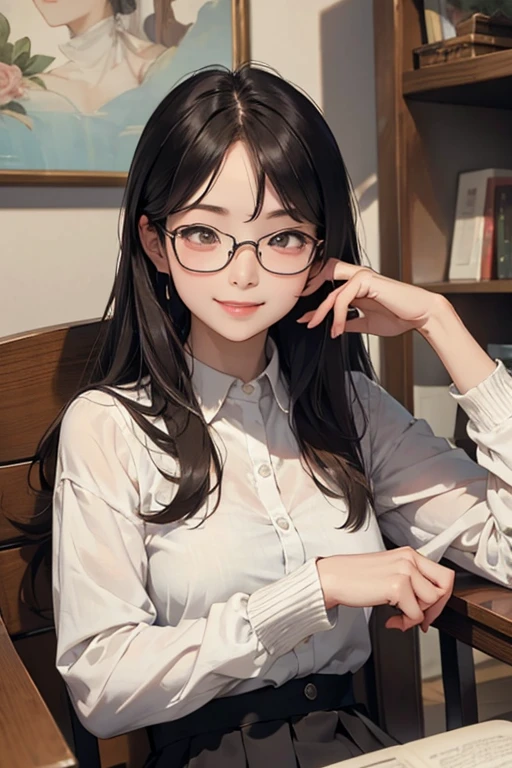 Best Quality、masterpiece、High sensitivity、High resolution、Detailed Description、Delicate facial depiction、Slender women、Glasses、Smiling face、Sitting on a chair、Reading、