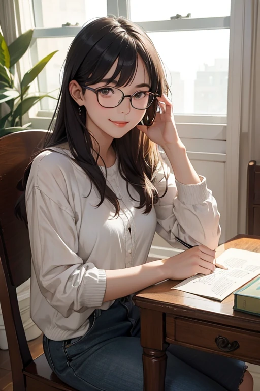 Best Quality、masterpiece、High sensitivity、High resolution、Detailed Description、Delicate facial depiction、Slender women、Glasses、Smiling face、Sitting on a chair、Reading、