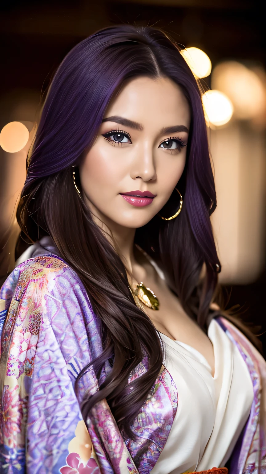 Realistic, Highest quality, 8k, woman, 20-year-old, Sakura pattern kimono, Large Bust, Long Hair, Ultra-detailed skin textures, Soft Lighting, Fairy, Bokeh, purple Lipstick, Sensual Lipstick, Sensational Make up 