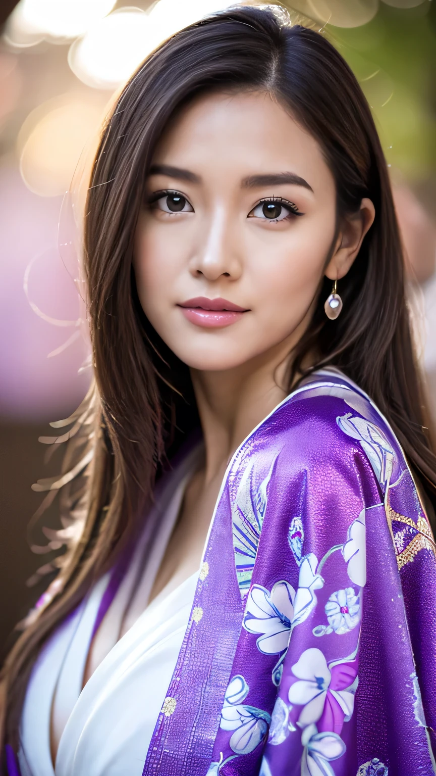 Realistic, Highest quality, 8k, woman, 20-year-old, Sakura pattern kimono, Large Bust, Long Hair, Ultra-detailed skin textures, Soft Lighting, Fairy, Bokeh, purple Lipstick, Sensual Lipstick, Sensational Make up 