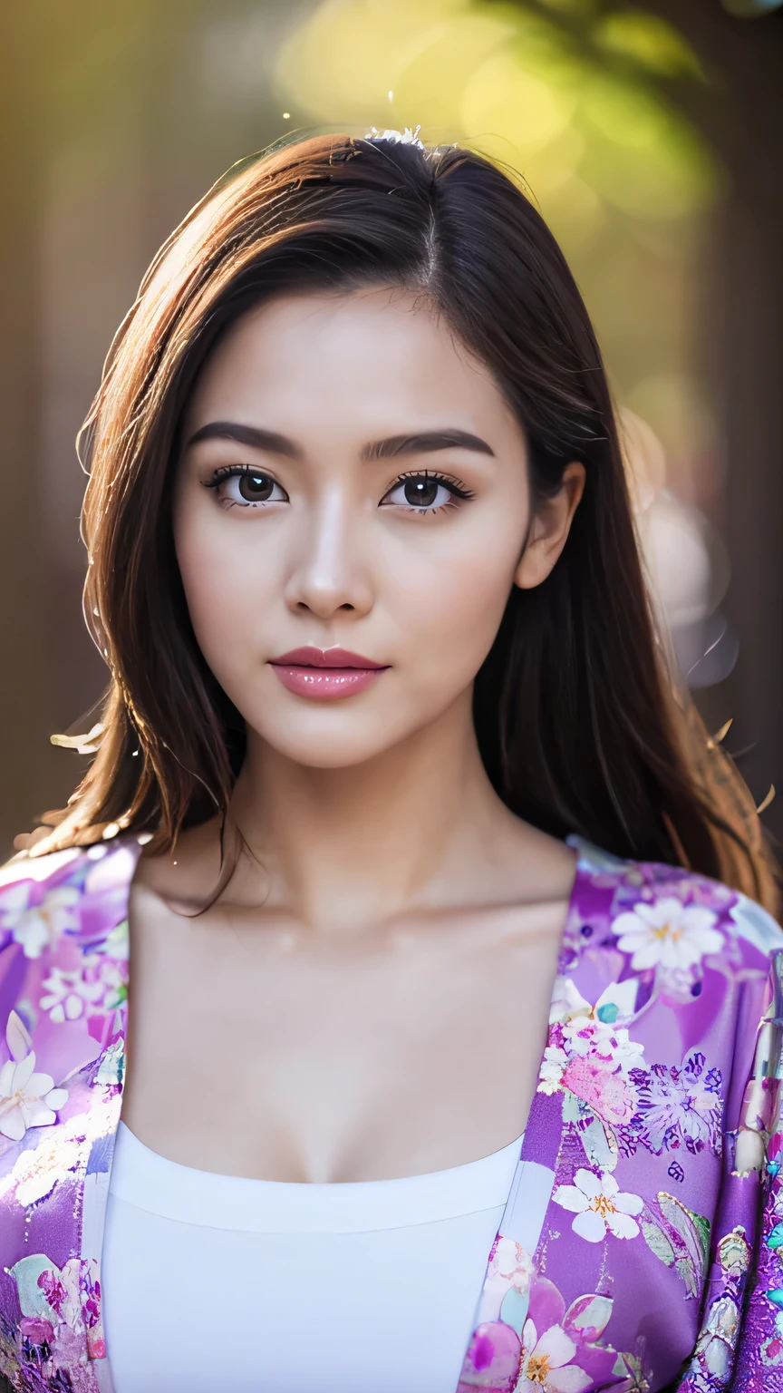 Realistic, Highest quality, 8k, woman, 20-year-old, Sakura pattern kimono, Large Bust, Long Hair, Ultra-detailed skin textures, Soft Lighting, Fairy, Bokeh, purple Lipstick, Sensual Lipstick, Sensational Make up 