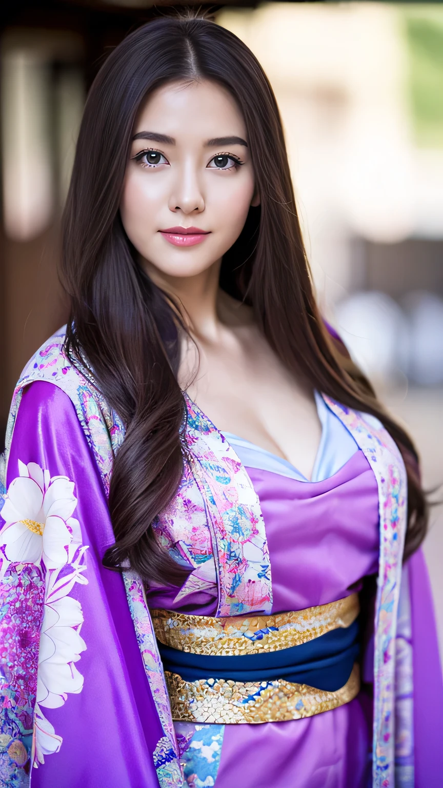 Realistic, Highest quality, 8k, woman, 20-year-old, Sakura pattern kimono, Large Bust, Long Hair, Ultra-detailed skin textures, Soft Lighting, Fairy, Bokeh, purple Lipstick, Sensual Lipstick, Sensational Make up 