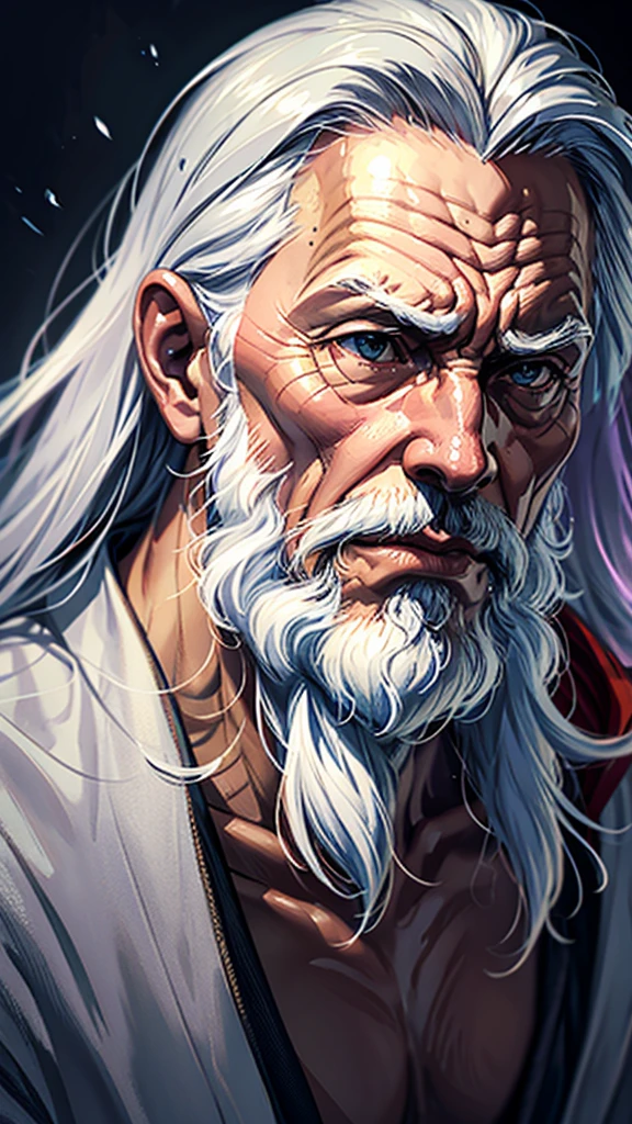 a wise old man with long flowing white hair, detailed portrait, intricate details, hyperrealistic, photorealistic, 8k, high resolution, incredibly detailed, masterpiece, cinematic lighting, warm color tones, dramatic shadows, ambient occlusion, chiaroscuro, dramatic composition, regal, dignified, contemplative expression, piercing eyes, aquiline nose, weathered skin, flowing white beard, robe, dramatic pose, moody, atmospheric