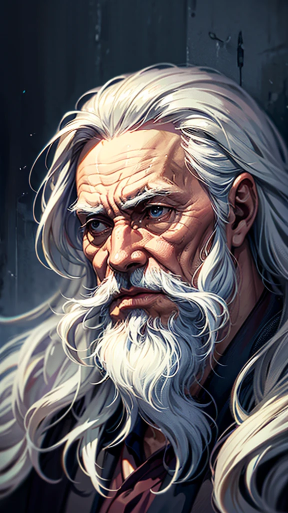 a wise old man with long flowing white hair, detailed portrait, intricate details, hyperrealistic, photorealistic, 8k, high resolution, incredibly detailed, masterpiece, cinematic lighting, warm color tones, dramatic shadows, ambient occlusion, chiaroscuro, dramatic composition, regal, dignified, contemplative expression, piercing eyes, aquiline nose, weathered skin, flowing white beard, robe, dramatic pose, moody, atmospheric