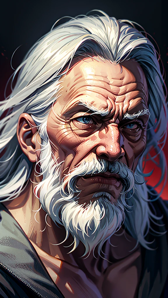 a wise old man with long flowing white hair, detailed portrait, intricate details, hyperrealistic, photorealistic, 8k, high resolution, incredibly detailed, masterpiece, cinematic lighting, warm color tones, dramatic shadows, ambient occlusion, chiaroscuro, dramatic composition, regal, dignified, contemplative expression, piercing eyes, aquiline nose, weathered skin, flowing white beard, robe, dramatic pose, moody, atmospheric