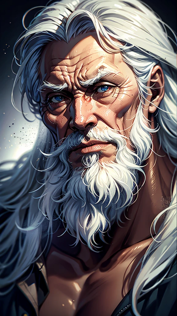 a wise old man with long flowing white hair, detailed portrait, intricate details, hyperrealistic, photorealistic, 8k, high resolution, incredibly detailed, masterpiece, cinematic lighting, warm color tones, dramatic shadows, ambient occlusion, chiaroscuro, dramatic composition, regal, dignified, contemplative expression, piercing eyes, aquiline nose, weathered skin, flowing white beard, robe, dramatic pose, moody, atmospheric