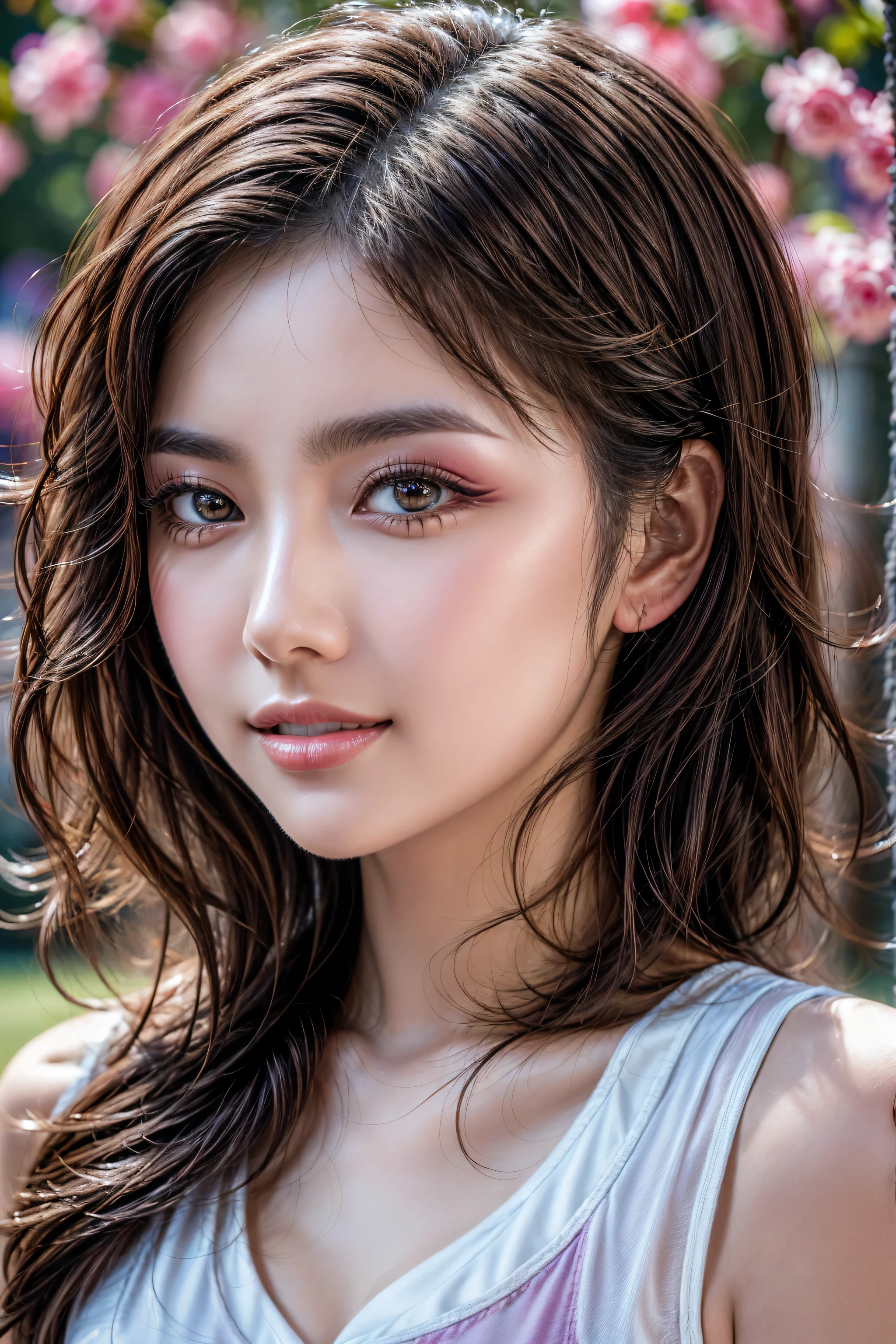 (Photorealistic Realism 16K Quality), Very detailed 8k, masterpiece, (super realistic texture details: velvety skin, hair), (super quality), professional photography, (glamour shot of Japanese woman), UHD, Thin eyebrows, Carefully draw eyelashes, Eyelash extensions, Gal Makeup, realistic dull skin noise, visible skin detail, skin fuzz, dry skin, The attention to detail, satisfaction smile, soft lighting, sharp focus captured by Fujifilm XT3, f 5.6, in a dramatic lighting, (perfect composition), (outside,an park full flowers),((sport top, color|rainbow:1.35)), exquisite balance of shadows,perfect composition, look at the viewer, ((full body shot1.2)),