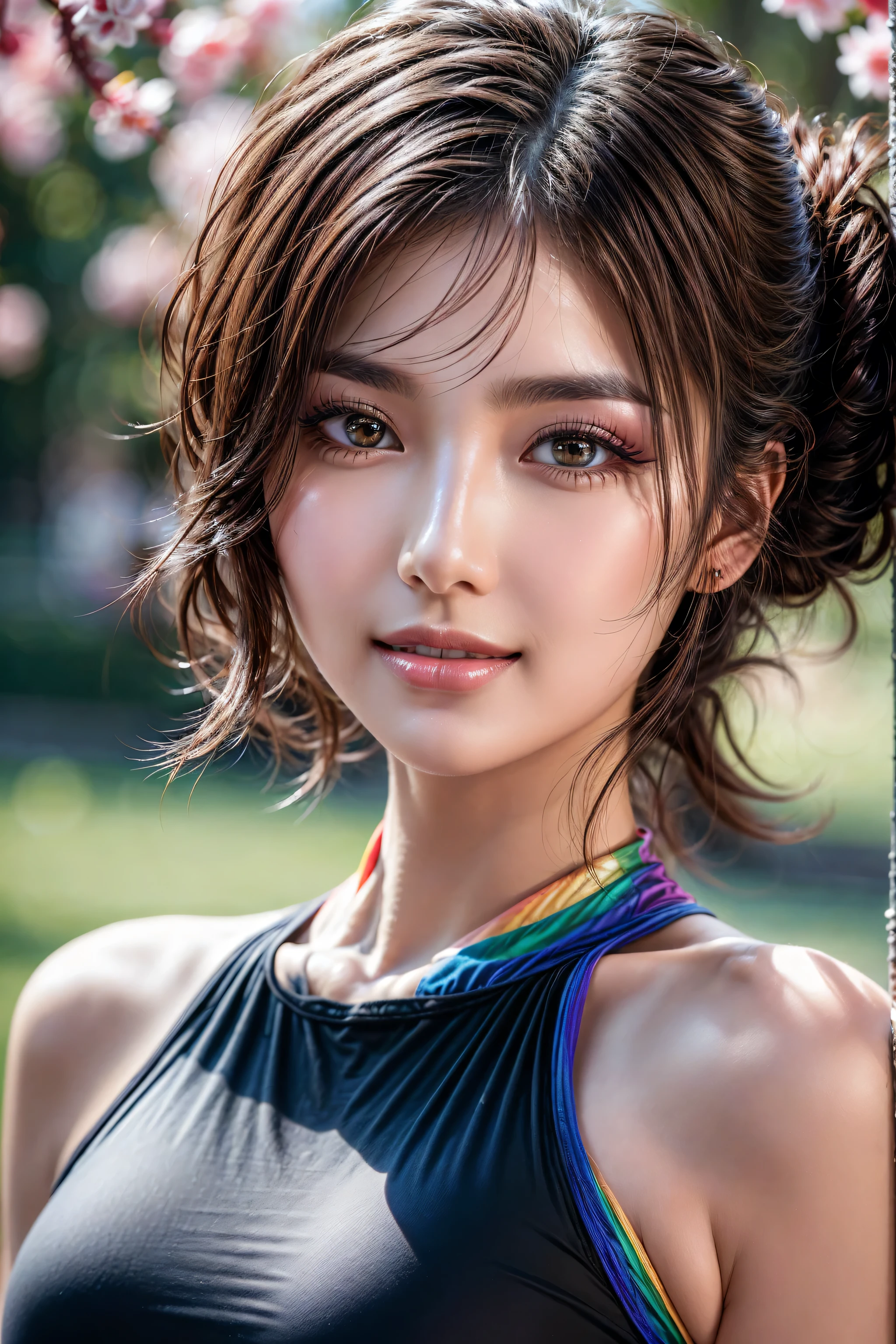 (Photorealistic Realism 16K Quality), Very detailed 8k, masterpiece, (super realistic texture details: velvety skin, hair), (super quality), professional photography, (glamour shot of Japanese woman), UHD, Thin eyebrows, Carefully draw eyelashes, Eyelash extensions, Gal Makeup, realistic dull skin noise, visible skin detail, skin fuzz, dry skin, The attention to detail, satisfaction smile, soft lighting, sharp focus captured by Fujifilm XT3, f 5.6, in a dramatic lighting, (perfect composition), (outside,an park full flowers),((sport top, color|rainbow:1.35)), exquisite balance of shadows,perfect composition, look at the viewer, (full body shot),