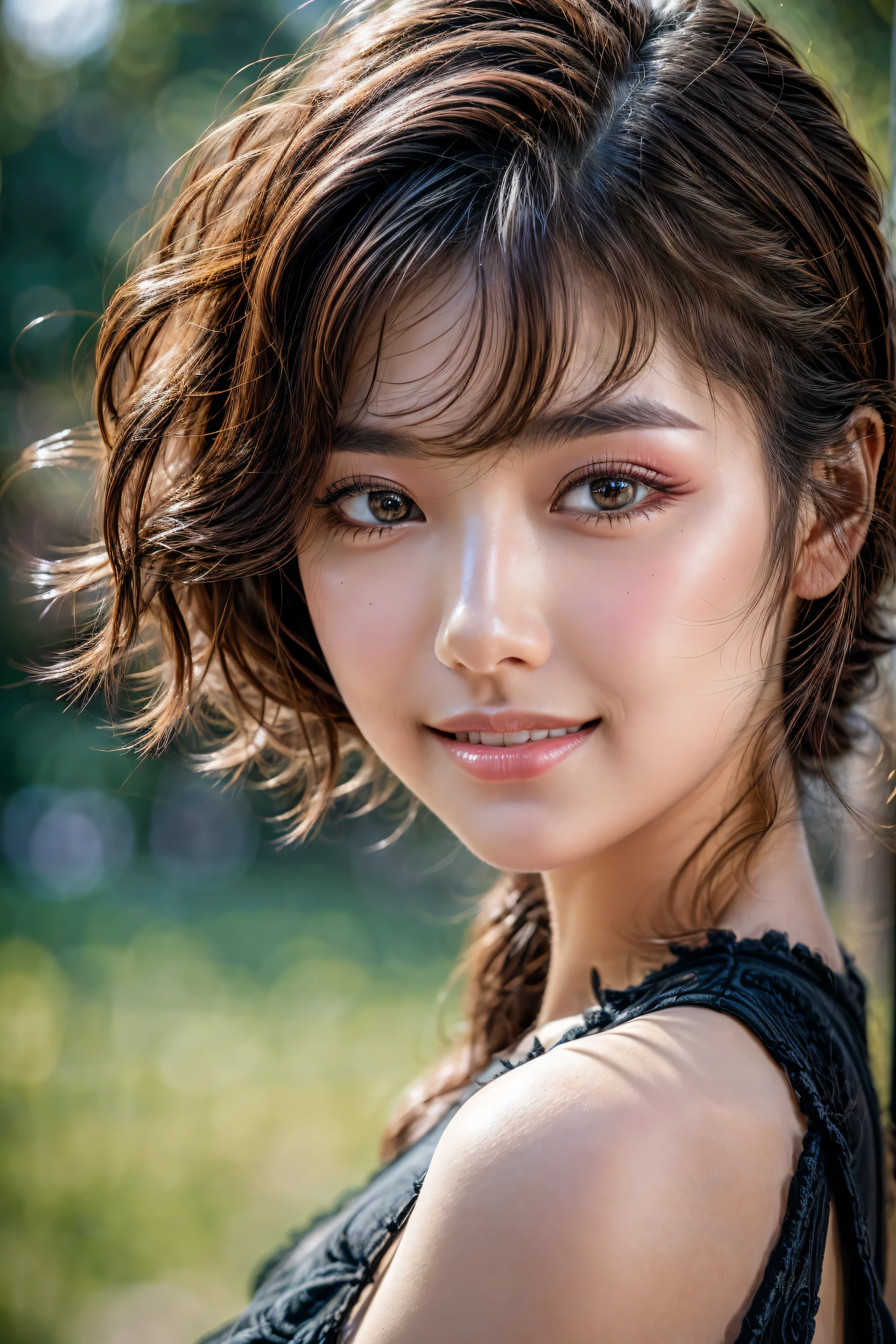 (Photorealistic Realism 16K Quality), Very detailed 8k, masterpiece, (super realistic texture details: velvety skin, hair), (super quality), professional photography, (glamour shot of Japanese woman), UHD, Thin eyebrows, Carefully draw eyelashes, Eyelash extensions, Gal Makeup, realistic dull skin noise, visible skin detail, skin fuzz, dry skin, The attention to detail, satisfaction smile, soft lighting, sharp focus captured by Fujifilm XT3, f 5.6, in a dramatic lighting, (perfect composition), (outside,an park full flowers),((sport top, color|rainbow:1.35)), exquisite balance of shadows,perfect composition, look at the viewer, 