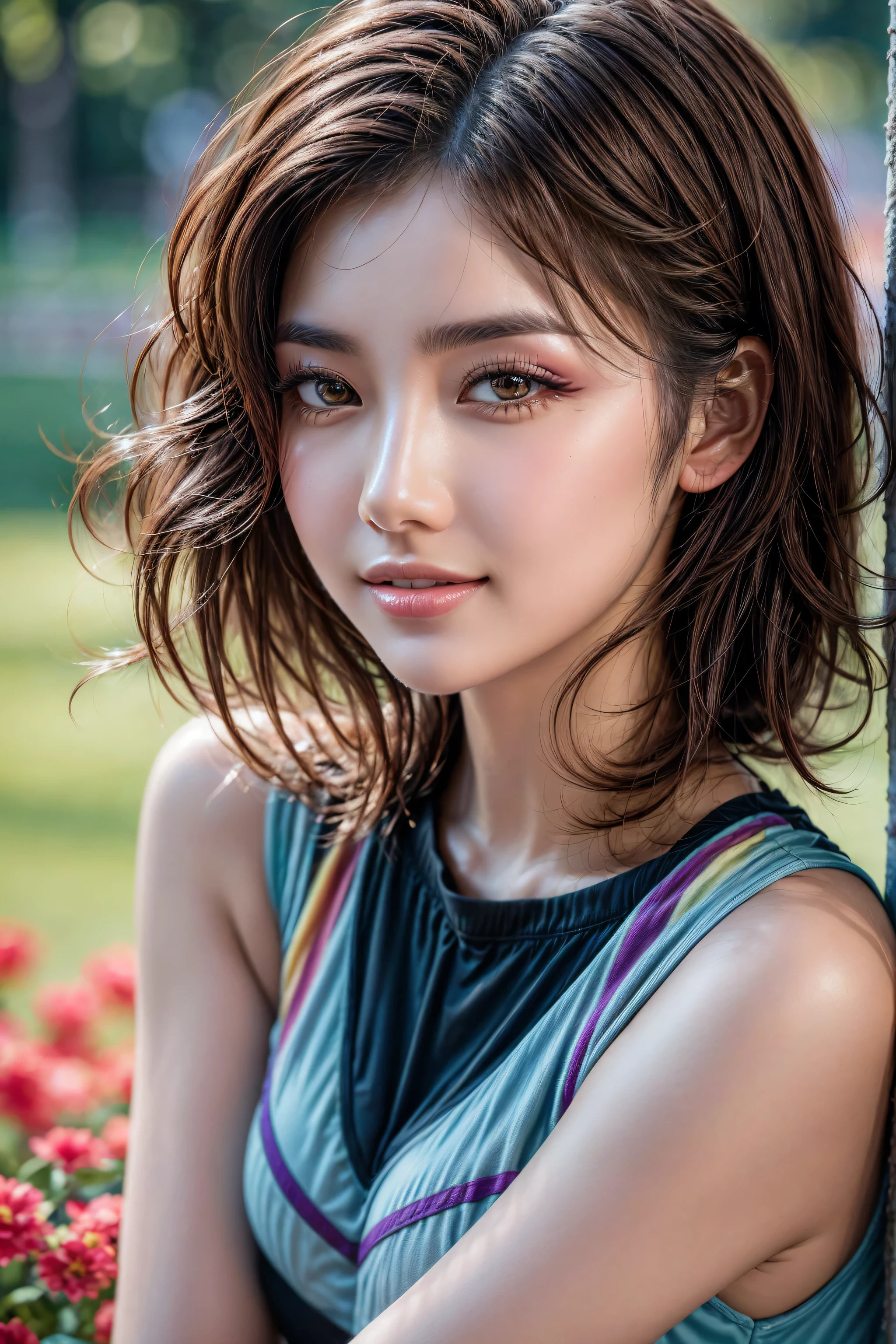 (Photorealistic Realism 16K Quality), Very detailed 8k, masterpiece, (super realistic texture details: velvety skin, hair), (super quality), professional photography, (glamour shot of Japanese woman), UHD, Thin eyebrows, Carefully draw eyelashes, Eyelash extensions, Gal Makeup, realistic dull skin noise, visible skin detail, skin fuzz, dry skin, The attention to detail, satisfaction smile, soft lighting, sharp focus captured by Fujifilm XT3, f 5.6, in a dramatic lighting, (perfect composition), (outside,an park full flowers),((sport top, color|rainbow:1.35)), exquisite balance of shadows,perfect composition, look at the viewer, 