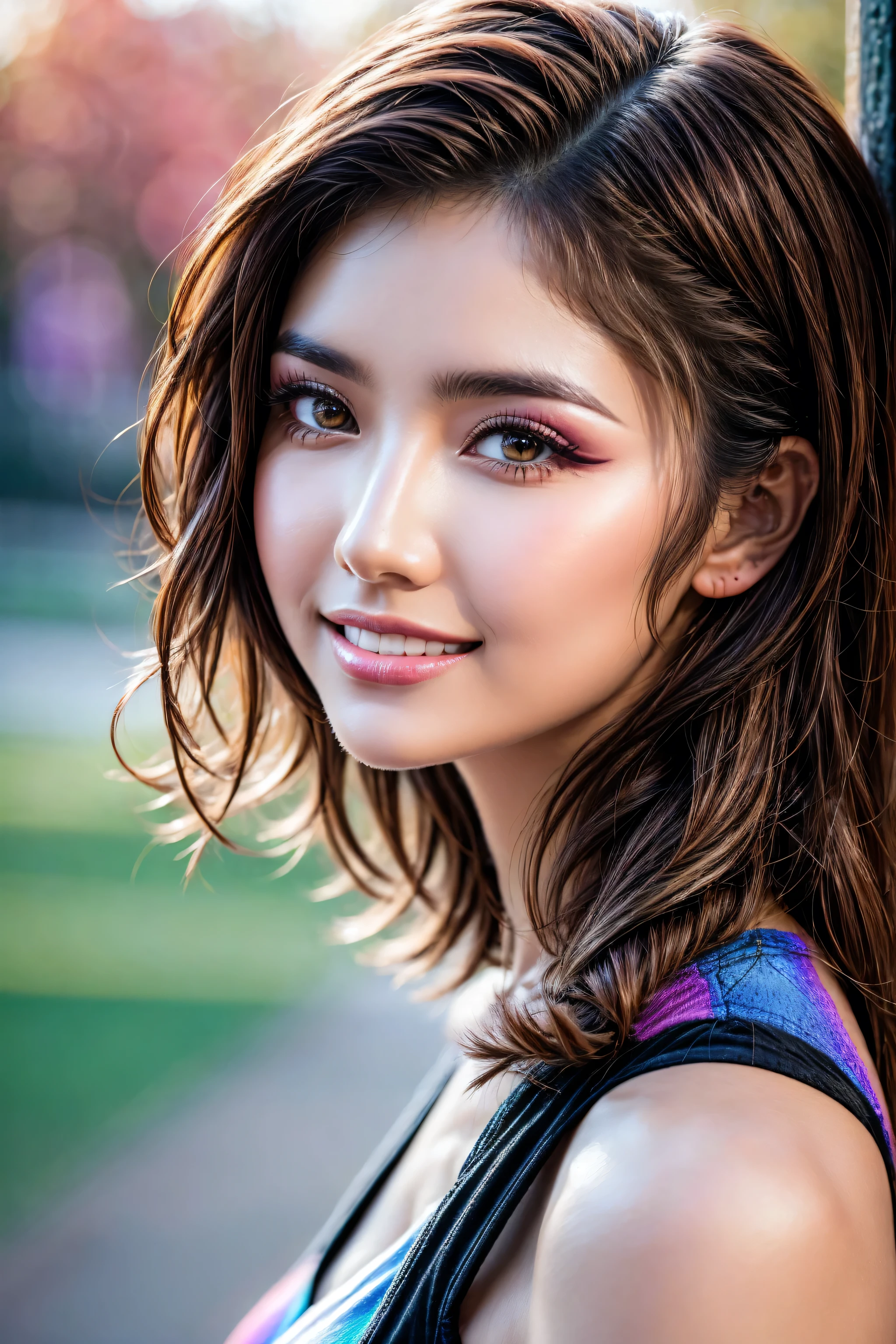 (Photorealistic Realism 16K Quality), Very detailed 8k, masterpiece, (super realistic texture details: velvety skin), (super quality), professional photography, (glamour shot of Japanese woman), UHD, Thin eyebrows, Carefully draw eyelashes, Eyelash extensions, Gal Makeup, realistic dull skin noise, visible skin detail, skin fuzz, dry skin, The attention to detail, satisfaction smile, soft lighting, sharp focus captured by Fujifilm XT3, f 5.6, in a dramatic lighting, (outside,an park full flowers),((sport top, color|rainbow:1.35)), exquisite balance of shadows,perfect composition, look at the viewer, 