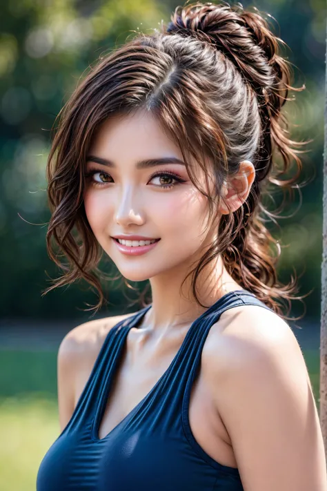 (Photorealistic Realism 16K Quality), Very detailed 8k, masterpiece, (super realistic texture details: velvety skin), (super quality), professional photography, (glamour shot of Japanese woman), UHD, Thin eyebrows, Carefully draw eyelashes, Eyelash extensions, Gal Makeup, realistic dull skin noise, visible skin detail, skin fuzz, dry skin, The attention to detail, satisfaction smile, soft lighting, sharp focus captured by Fujifilm XT3, f 5.6, in a dramatic lighting, (outside,an park full flowers),((sport top, color|rainbow:1.35)), exquisite balance of shadows,perfect composition, look at the viewer, 