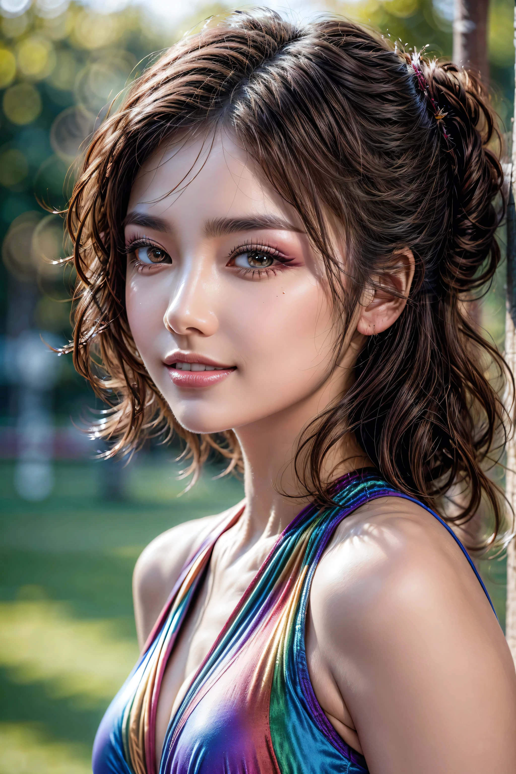 (Photorealistic Realism 16K Quality), Very detailed 8k, masterpiece, (super realistic texture details: velvety skin), (super quality), professional photography, (glamour shot of Japanese woman), UHD, Thin eyebrows, Carefully draw eyelashes, Eyelash extensions, Gal Makeup, realistic dull skin noise, visible skin detail, skin fuzz, dry skin, The attention to detail, satisfaction smile, soft lighting, sharp focus captured by Fujifilm XT3, f 5.6, in a dramatic lighting, (outside,an park full flowers),((sport top, color|rainbow:1.35)), exquisite balance of shadows,perfect composition, look at the viewer, 