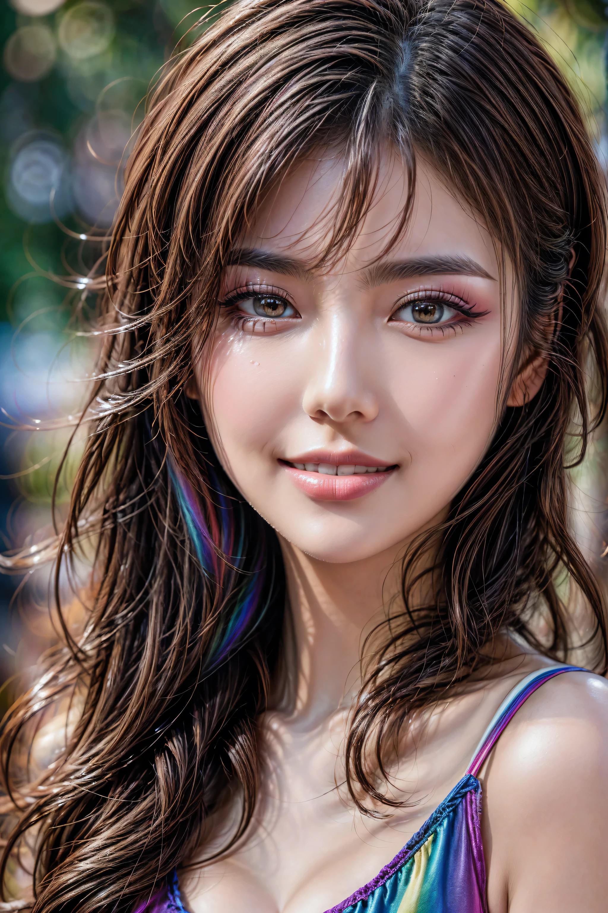 (Photorealistic Realism 16K Quality), Very detailed 8k, masterpiece, (super realistic texture details: velvety skin), (super quality), professional photography, (glamour shot of Japanese woman), UHD, Thin eyebrows, Carefully draw eyelashes, Eyelash extensions, Gal Makeup, realistic dull skin noise, visible skin detail, skin fuzz, dry skin, The attention to detail, satisfaction smile, soft lighting, sharp focus captured by Fujifilm XT3, f 5.6, in a dramatic lighting, (outside,an park full flowers),((sport top, color|rainbow:1.35)), exquisite balance of shadows,perfect composition, look at the viewer, 