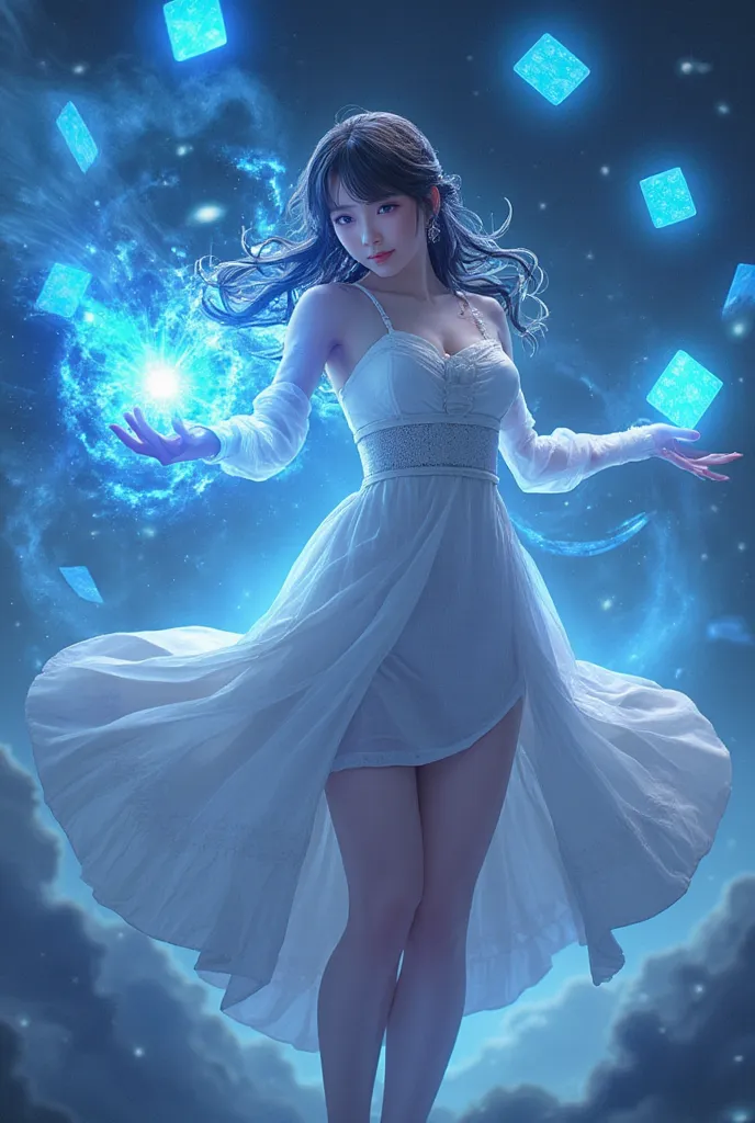 wm,anime magic,an anime girl holding glowing blue poker cards in her hands,poker cards flying in the sky,glowing magic effects,d...