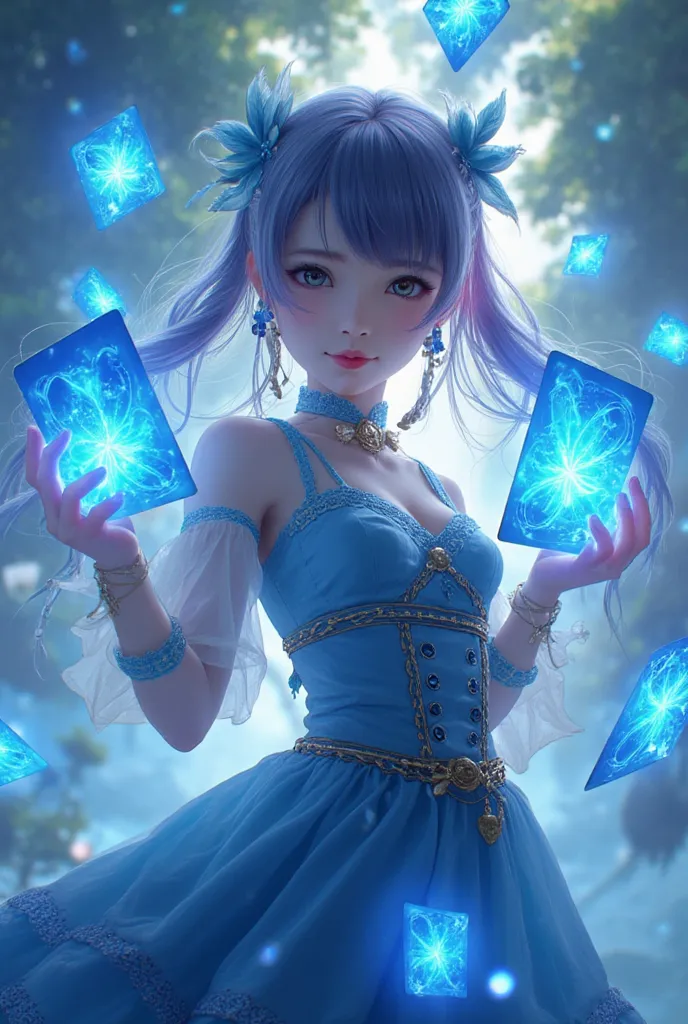 wm,anime magic,an anime girl holding glowing blue poker cards in her hands,poker cards flying in the sky,glowing magic effects,d...