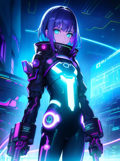 neon cyberpunk beauty composing music、(((super detailed flat earth futuristic city)))、beautiful billie eilish、purple short hair、...