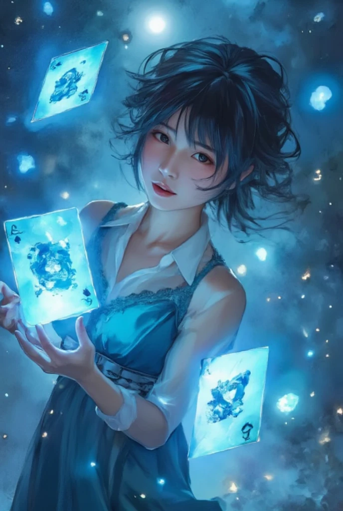 WM,Anime Magic,an anime girl holding glowing blue poker cards in her hands,poker cards flying in the sky,glowing magic effects,dynamic poses,highly detailed,ultra-high resolutions,32K UHD,best quality,masterpiece,1girl