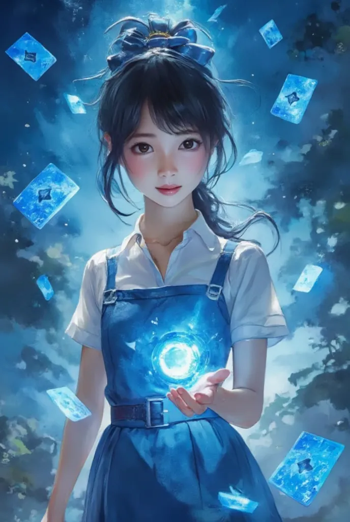 wm,anime magic,an anime girl holding glowing blue poker cards in her hands,poker cards flying in the sky,glowing magic effects,d...