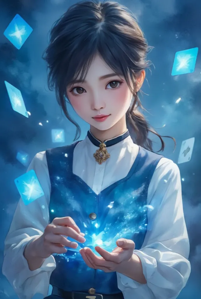 wm,anime magic,an anime girl holding glowing blue poker cards in her hands,poker cards flying in the sky,glowing magic effects,d...