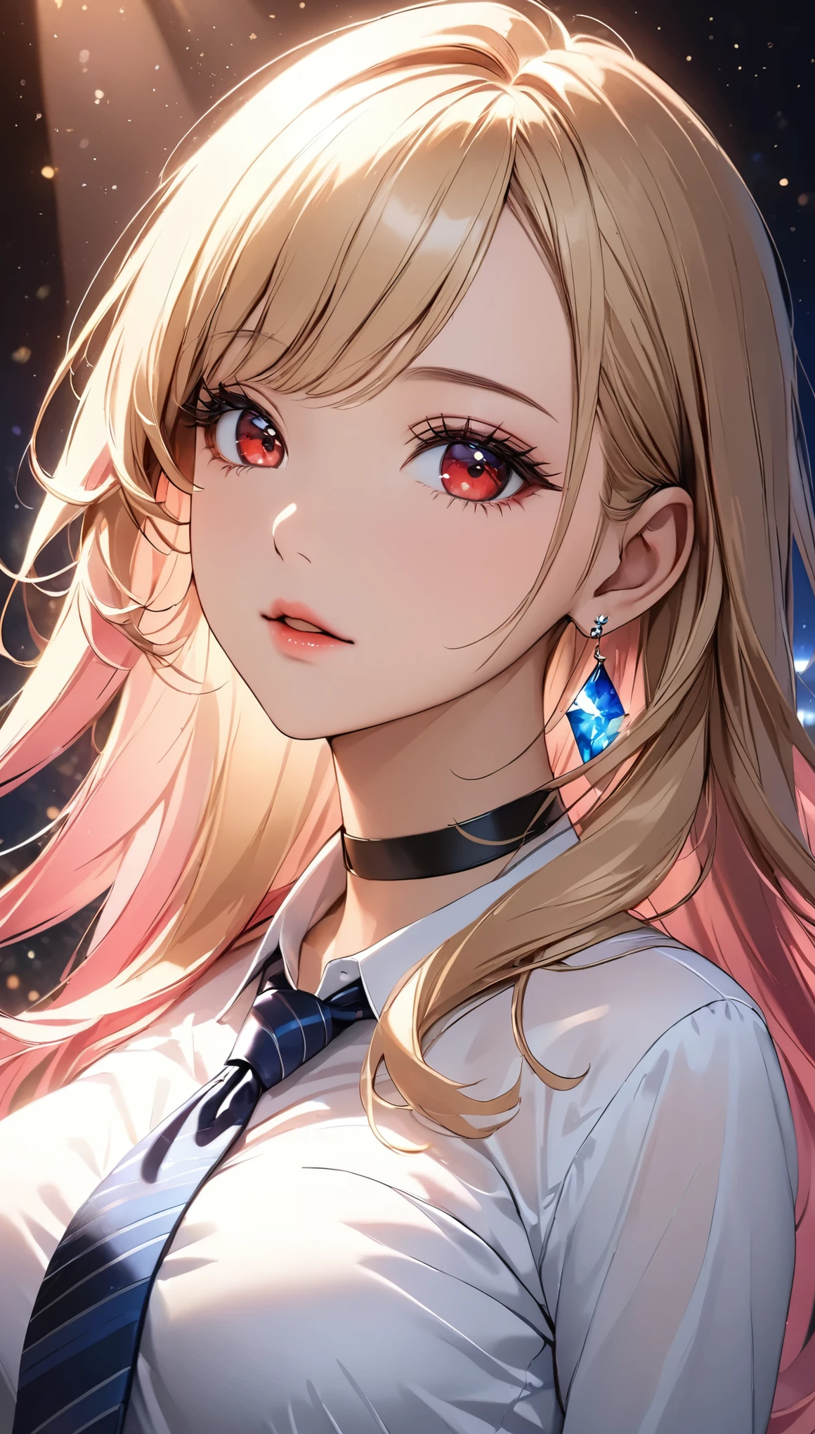 Beautiful single girl,  ((Kitagawa Marin)), Blonde, Straight Long Hair, Pink gradient hair, Red eyes, Earrings, White shirt, Black choker, Blue tie, Check skirt, Beautiful and detailed eyes, Beautifully detailed lips, Very detailedな目と顔, Long eyelashes, sexy, Clear skin, ((Expressionless, Mouth slightly open, Looking up pose)), Background of dancing light particles, Random Pause, High Detail, high quality, 8k, Very detailed, Anime Style:1.2, Beautiful CG illustrations, Cinema Lighting, Vibrant, elegant, Female Curves, Shine肌, Shine, Chiaroscuro.
