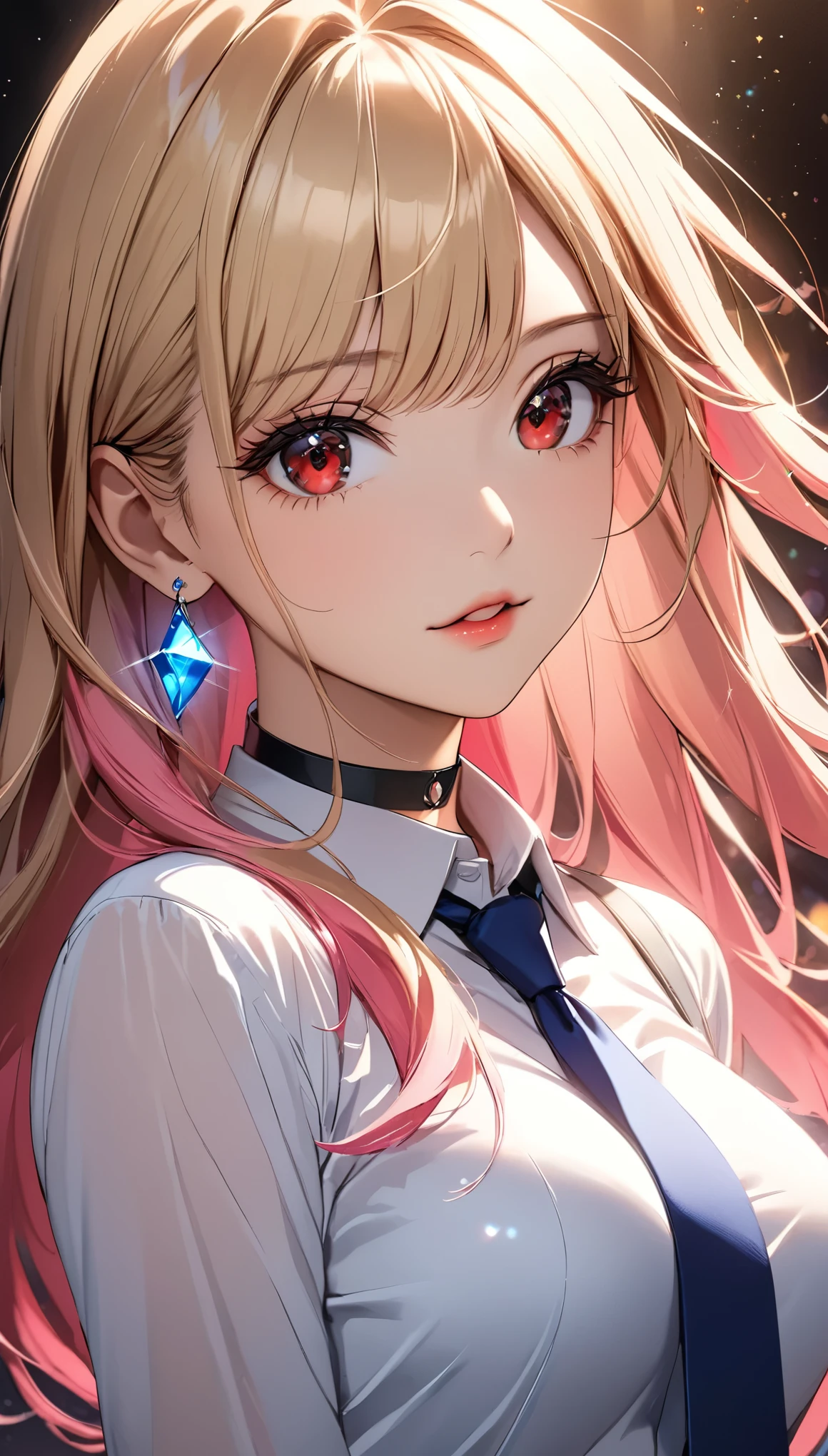 Beautiful single girl,  ((Kitagawa Marin)), Blonde, Straight Long Hair, Pink gradient hair, Red eyes, Earrings, White shirt, Black choker, Blue tie, Check skirt, Beautiful and detailed eyes, Beautifully detailed lips, Very detailedな目と顔, Long eyelashes, sexy, Clear skin, ((Expressionless, Mouth slightly open, Look away, Looking up pose)), Background of dancing light particles, Random Pause, High Detail, high quality, 8k, Very detailed, Anime Style:1.2, Beautiful CG illustrations, Cinema Lighting, Vibrant, elegant, Female Curves, Shine肌, Shine, Chiaroscuro.
