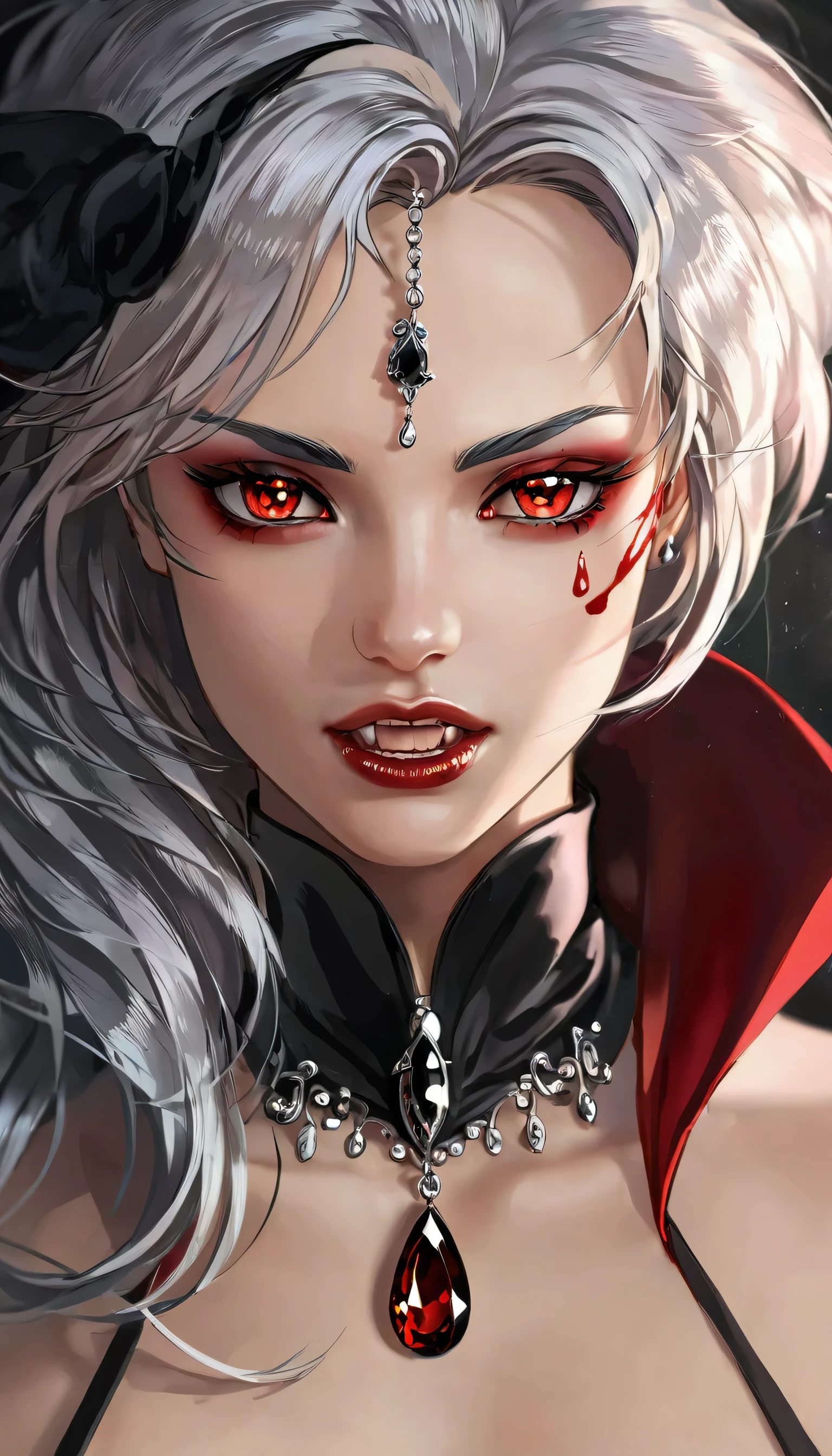 a portrait of vampire with a bloody tear coming down from he eye, an exotic beautiful female vampire, white hair color, dynamic hair style, ultra detailed face, best detailed face, silver eye color, ((1single red teardrop: 1.3)), ((tear drop made from blood)), ((teardrop coming down from the eye: 1.3)), there is a blue streak in the hair, vampire teeth, small cleavage, wearing two black diamond earrings, Ultra-high resolution, High Contrast, (masterpiece:1.5), highest quality, Best aesthetics), 16K fantasy art, best details, best quality, highres, (ultra wide angle: 1.2), 16k, [ultra detailed], masterpiece, best quality, (extremely detailed), ladyshadow, magical sky, crying style, vampire teeth