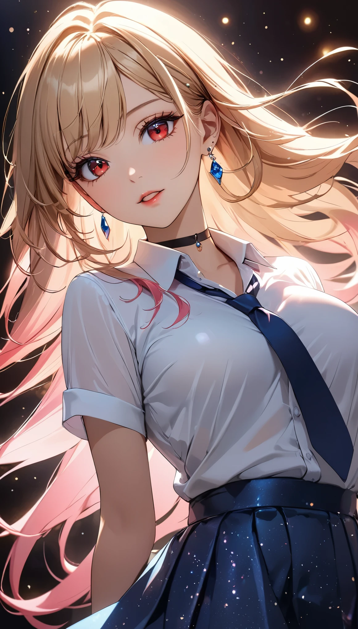 Beautiful single girl,  ((Kitagawa Marin)), Blonde, Straight Long Hair, Pink gradient hair, Red eyes, Earrings, White shirt, Black choker, Blue tie, Check skirt, Beautiful and detailed eyes, Beautifully detailed lips, Very detailedな目と顔, Long eyelashes, sexy, Clear skin, ((Expressionless, Mouth slightly open, Cowboy Shot, Low angle)), Background of dancing light particles, Random Pause, High Detail, high quality, 8k, Very detailed, Anime Style:1.2, Beautiful CG illustrations, Cinema Lighting, Vibrant, elegant, Female Curves, Shine肌, Shine, Chiaroscuro.
