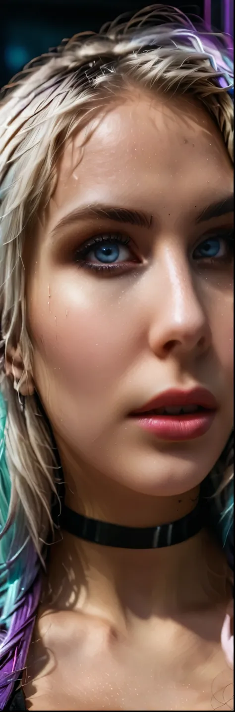 close-up portrait of a beautiful young woman, (cyberpunk clothes) , Large breasts, pressed lips , deep dark shadows dramatic camera angle high-contrast color gradation (masterpiece: 1.2) (photorealistic: 1.2) (bokeh:1.2) (best quality) (detailed skin:1.3) (complex details) (32k) (HDR) (cinematic lighting) (sharp focus),  large_white_hair:1.4 loose and wavy, neon_lights in the background, violet_latex_clothing, light blue eye color