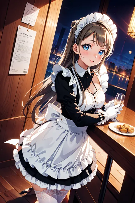 teenage girl，attractions，have fun，in love，(wearing a black modern and innovative maid outfit，wearing stockings)，(white ruffle gl...