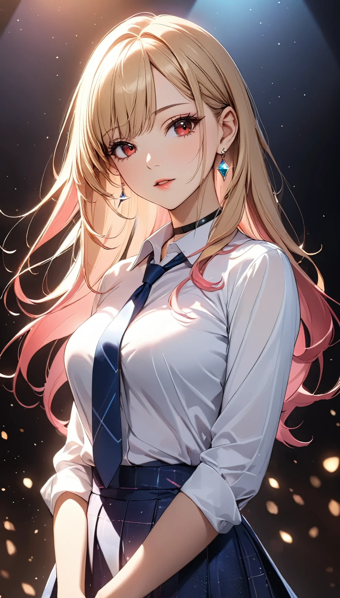 Beautiful single girl,  ((Kitagawa Marin)), Blonde, Straight Long Hair, Pink gradient hair, Red eyes, Earrings, White shirt, Black choker, Blue tie, Check skirt, Beautiful and detailed eyes, Beautifully detailed lips, Very detailedな目と顔, Long eyelashes, sexy, Clear skin, ((Expressionless, Mouth slightly open, Full body view, Low angle)), Background of dancing light particles, Random Pause, High Detail, high quality, 8k, Very detailed, Anime Style:1.2, Beautiful CG illustrations, Cinema Lighting, Vibrant, elegant, Female Curves, Shine肌, Shine, Chiaroscuro.
