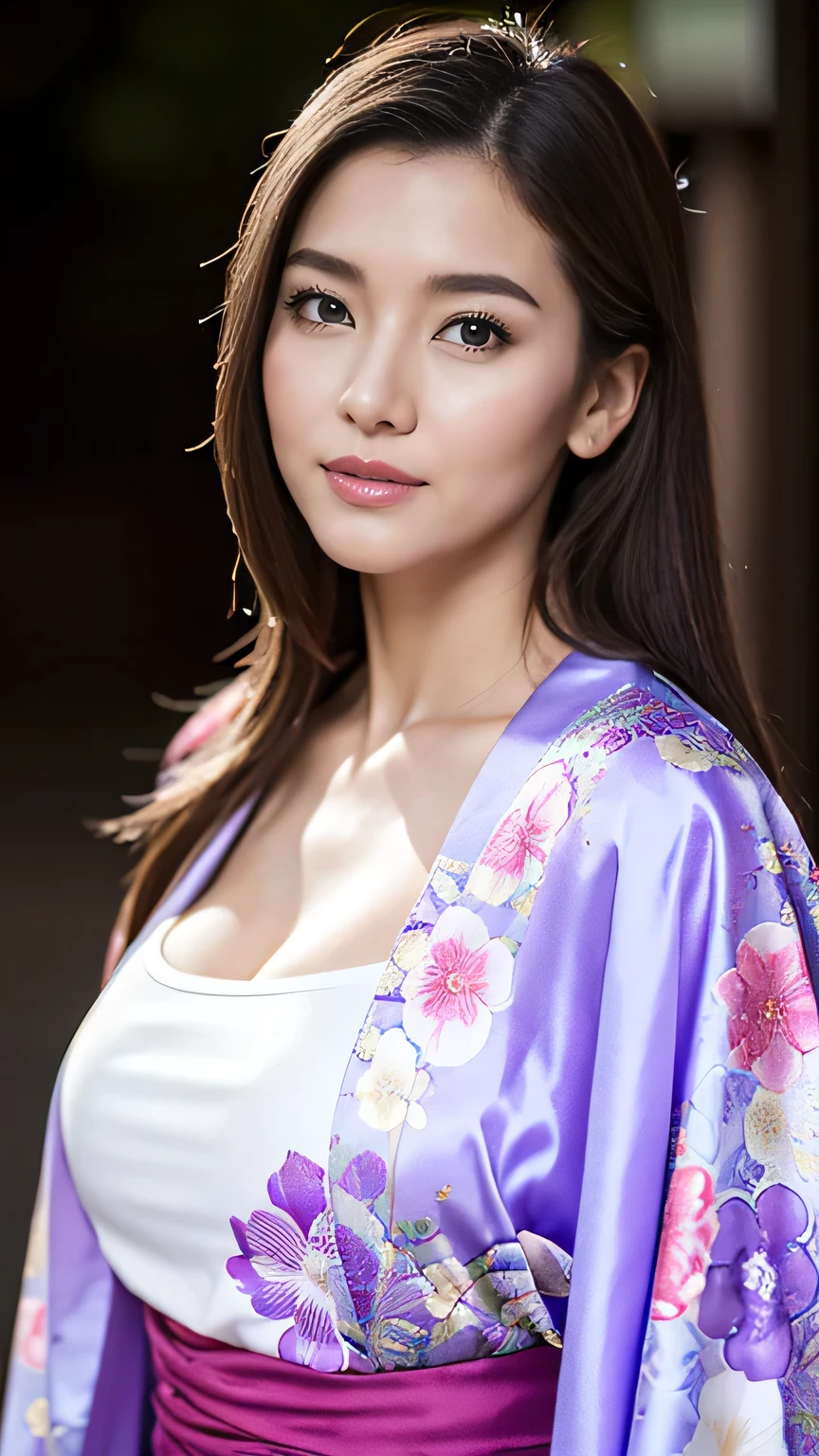 Realistic, Highest quality, 8k, woman, 20-year-old, Sakura pattern kimono, Large Bust, Long Hair, Ultra-detailed skin textures, Soft Lighting, Fairy, Bokeh, purple Lipstick, Sensual Lipstick, Sensational Make up 