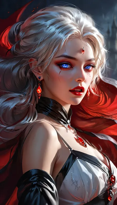 a portrait of vampire with a bloody tear coming down from he eye, an exotic beautiful female vampire, white hair color, dynamic ...