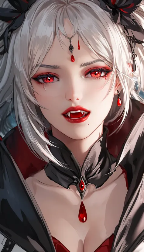 a portrait of vampire with a bloody tear coming down from he eye, an exotic beautiful female vampire, ((white hair color: 1.3)),...